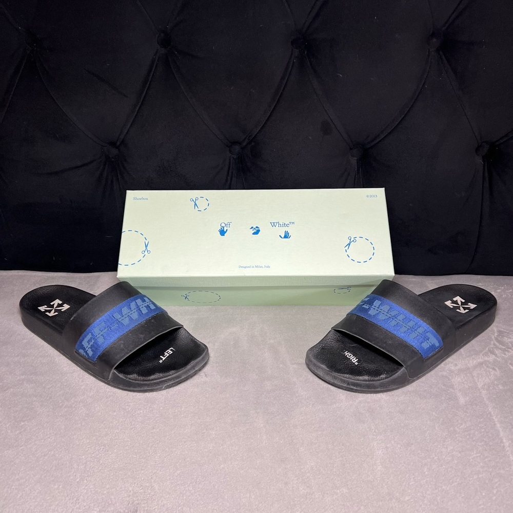 Off White black blue industrial slides